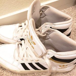 MY "ADIDAS" BLACK AND WHITE WITH GOLD TOUCH CLASSICS HIGH TOP BASKETBALL SHOE